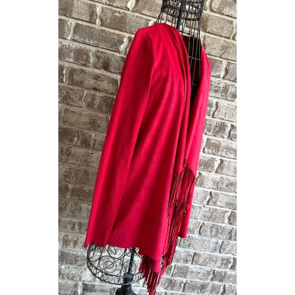 INC International Concepts Open Front Fringe Jacket Red Faux Suede Asymm… - Picture 2 of 9